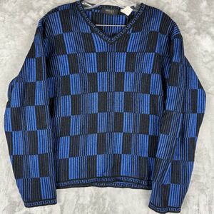 VTG Versace Classic V2 Mens Blue Black Geometric Checkered V Neck Sweater‎ M